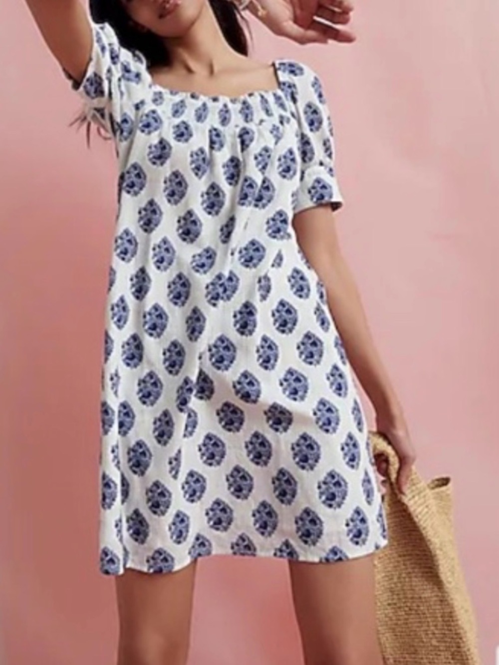 J. Crew White Midi Dress with Blue Medallion Print